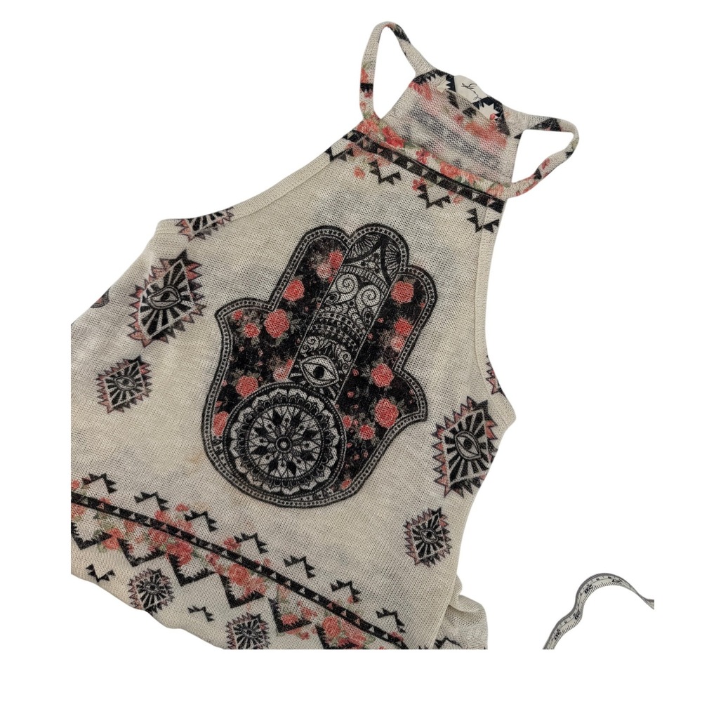 Gaze Womens Hamsa Hand High Neck Halter Tank Top Cream Boho Graphic Small T39318